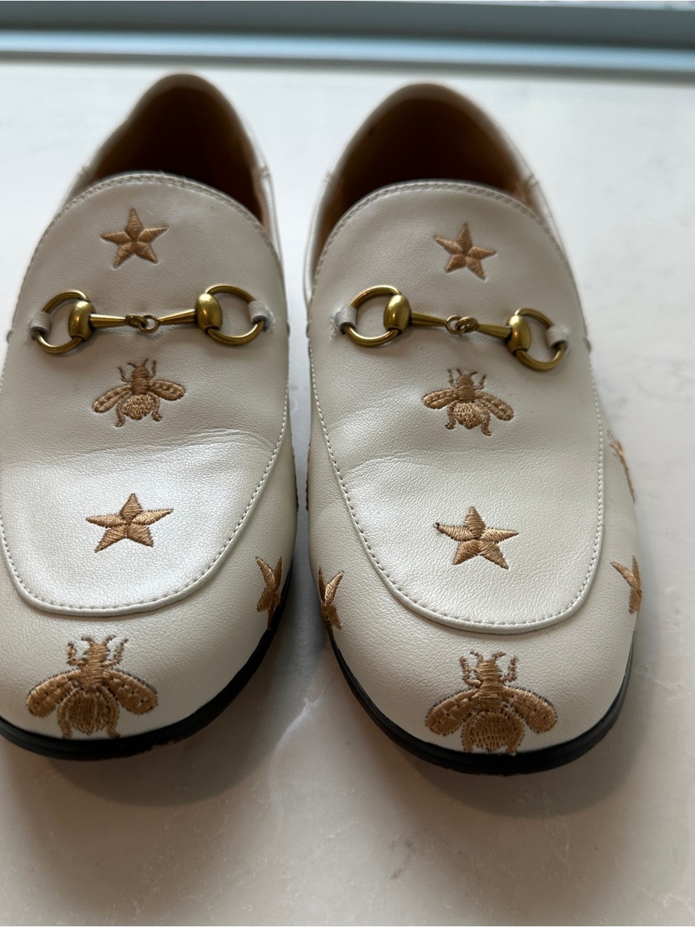 & Other Stories White Leather Embroidered Star & Bee Loafers with Gold Bit - Picture 2 of 5
